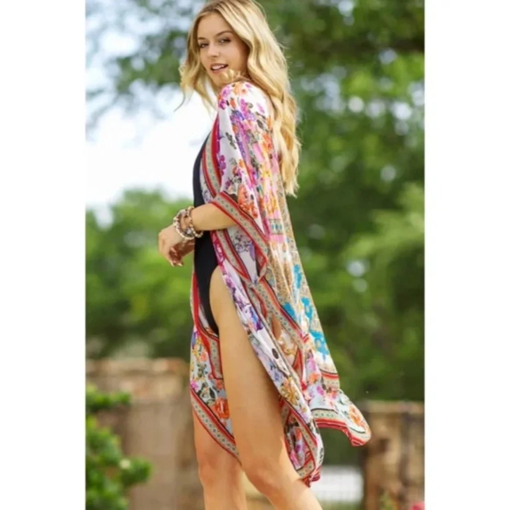 SOLD OUT Ajoure Colorful Italian Baroque Floral Print Lightweight Kimono Open - Picture 6 of 7